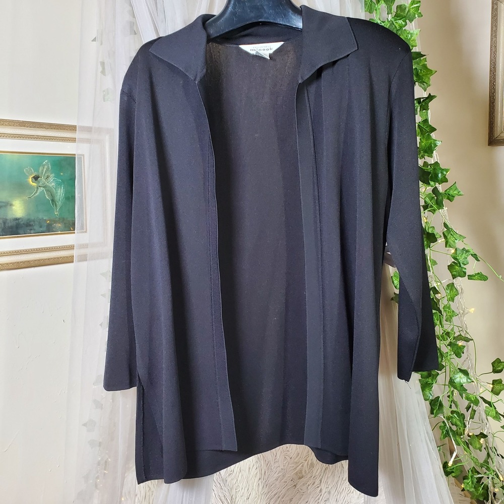 Exclusively Misook Black Open Front Cardigan Size L 3/4 Sleeve Designer Collared